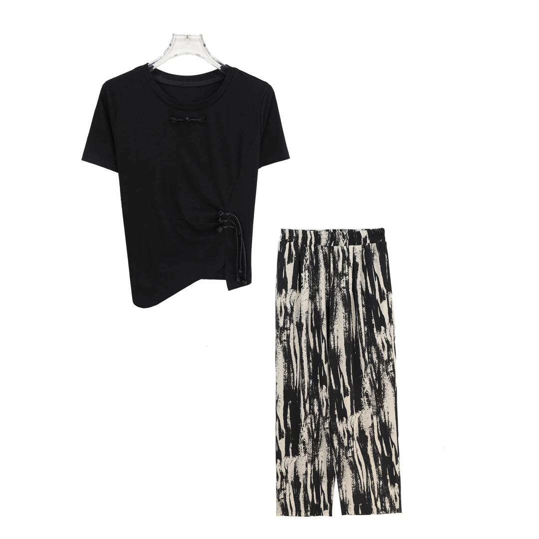 盘扣不规则圆领短袖休闲阔腿裤套装S786