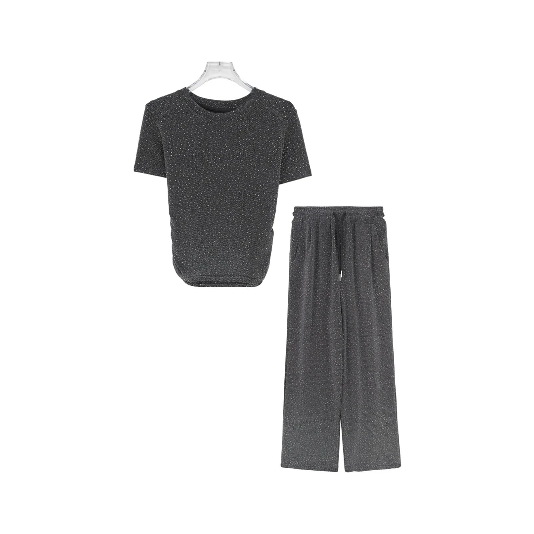 细闪休闲短袖上衣阔腿裤两件套X26390-1