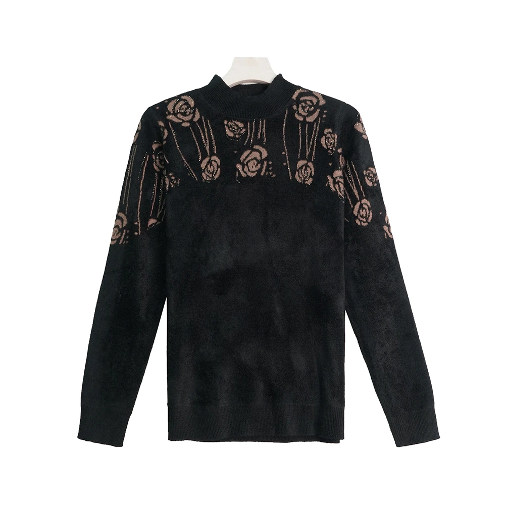 BL962【新款】时尚百搭半高领洋气气质提花烫钻黑色显瘦休闲上衣3Q