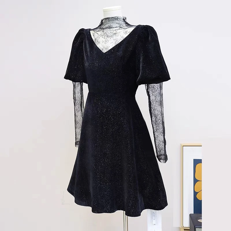 S2734法式复古高级感名媛蕾丝镂空V领连衣裙