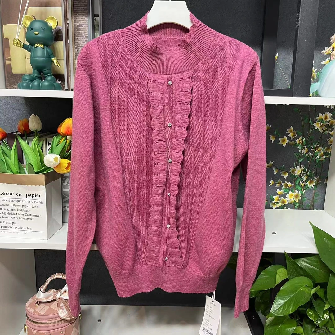 YM3610【秋季新款】时尚玫红色花边圆领竖条纹上衣Z