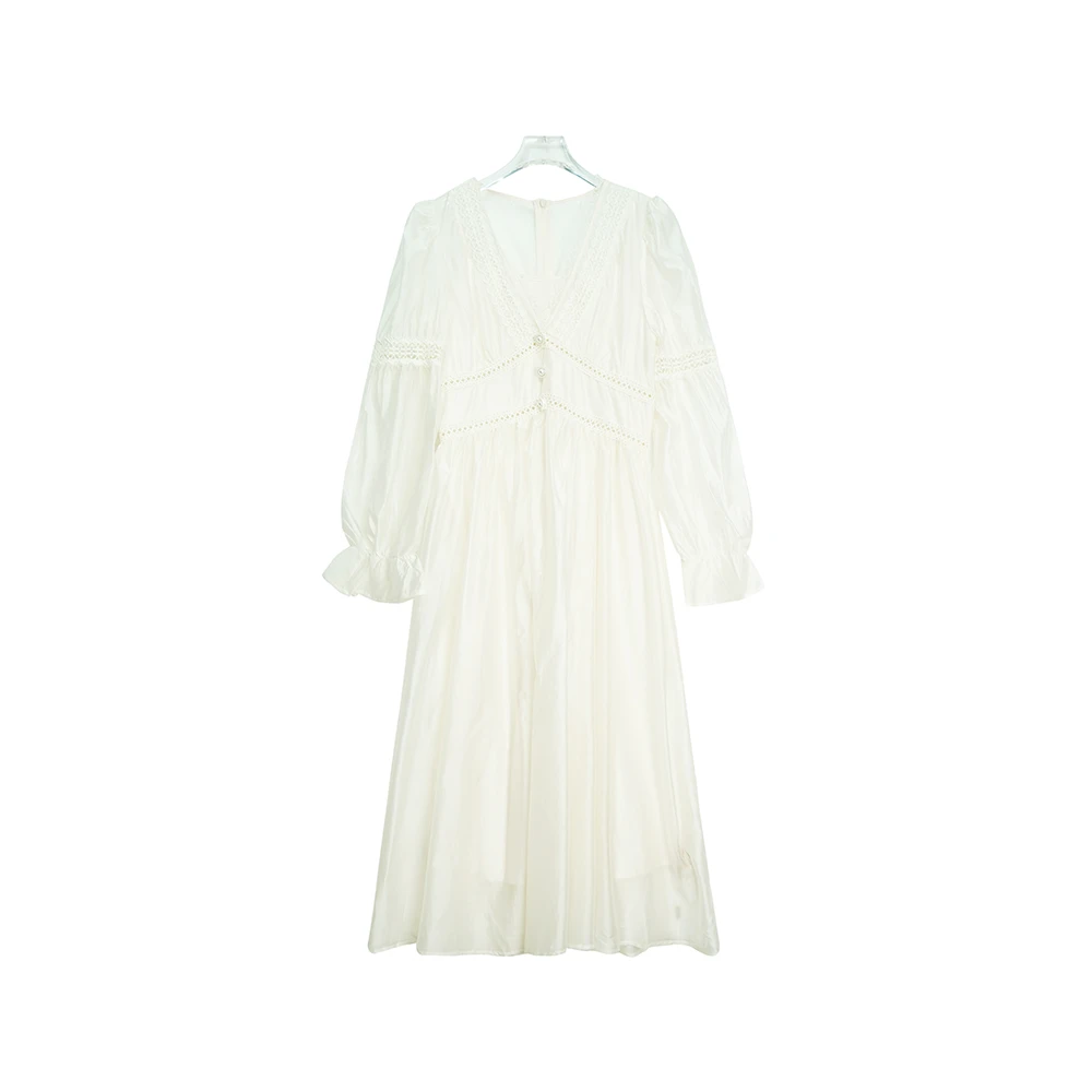 时尚法式仙气温柔风V领小众设计感白色连衣裙E1623