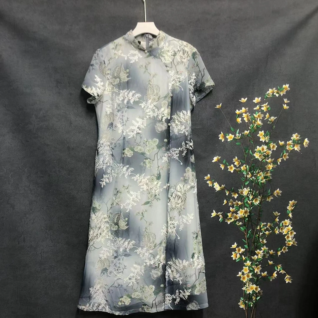2188X【夏季新款】时尚立领水墨蓝色立体印花侧开衩气质改良旗袍