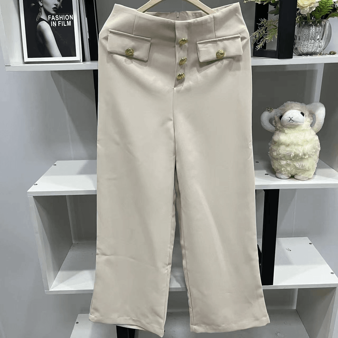 G7926【品牌撤柜轻奢定制】中腰米色假口袋阔腿裤037#（其他）