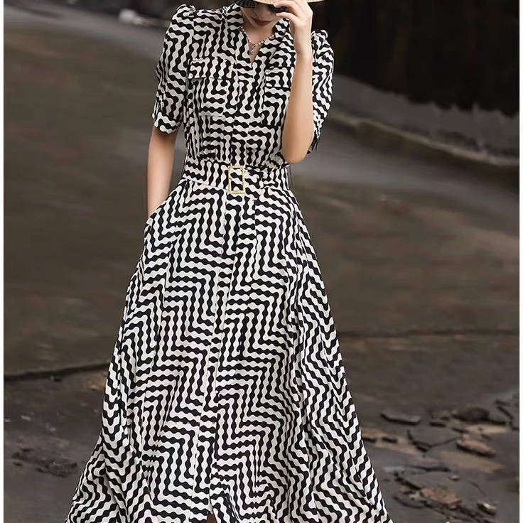 S2465气质通勤收腰系带衬衫裙泡泡袖立领条纹连衣裙