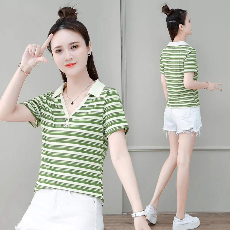 POLO领条纹女士t恤夏装修身韩系短袖女装新款2023夏季显瘦上衣女