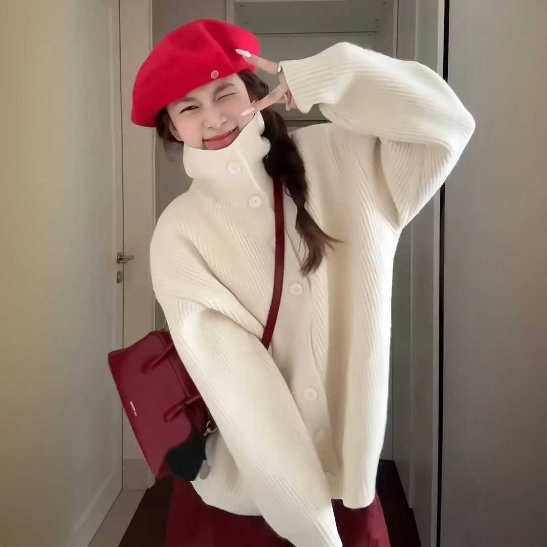 慵懒风白色高领毛衣女早秋季2024新款韩系氛围感穿搭宽松针织上衣
