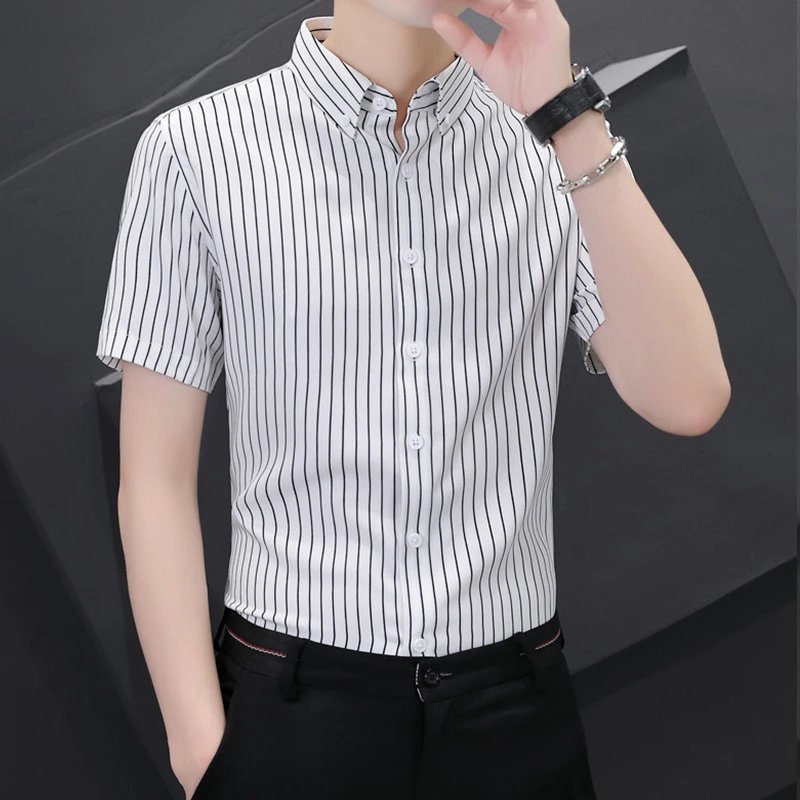 潮牌短袖衬衫男夏季薄款修身半袖条纹衬衣服帅气商务休闲冰丝凉感