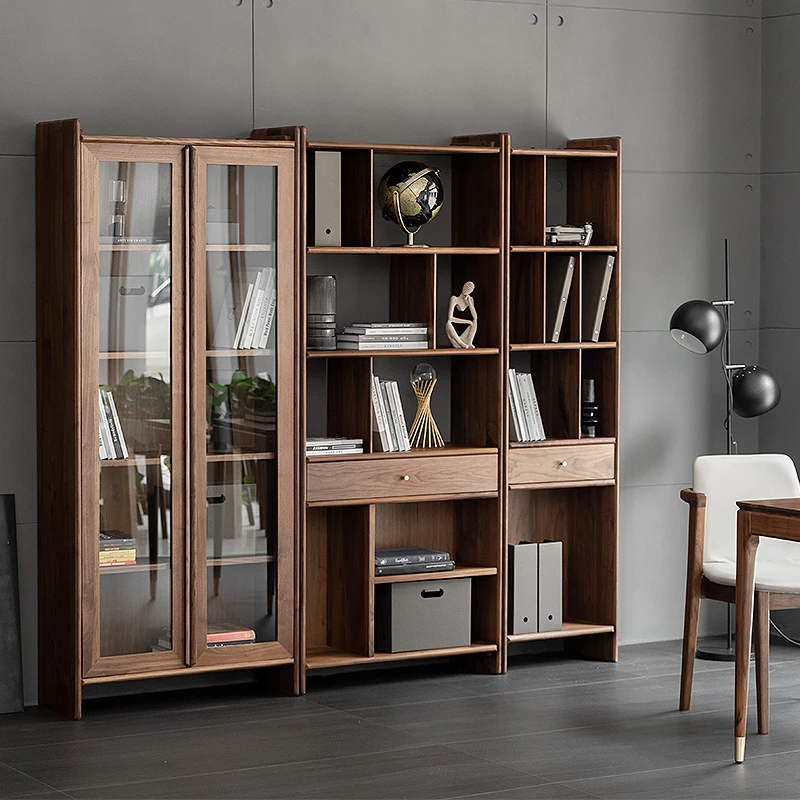 组合日式客厅北欧实木书柜高柜展示柜摆件书架立柜黑胡桃木定制