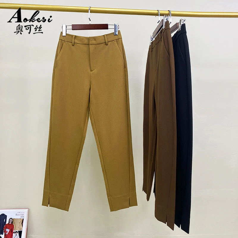 2025春季镰刀西裤女南油欧货设计感哈伦九分卡其色开叉休闲裤