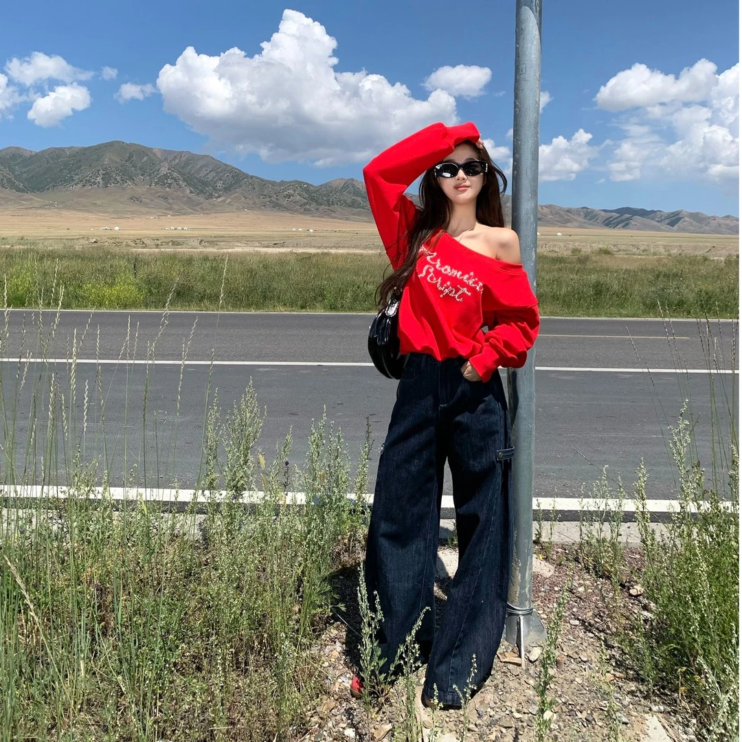 【字母珍珠烫钻卫衣】新款秋季百搭显瘦斜肩卫衣女小个子宽松上衣