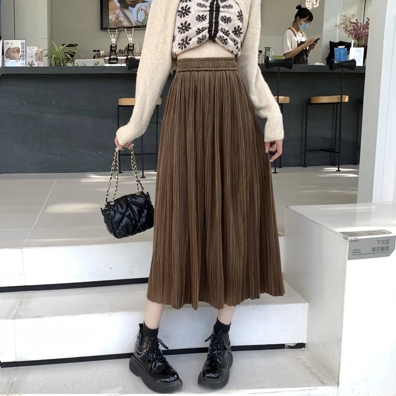 韩版显瘦时尚中长款百褶A字半身裙女2023秋冬新款百搭丝绒半身裙
