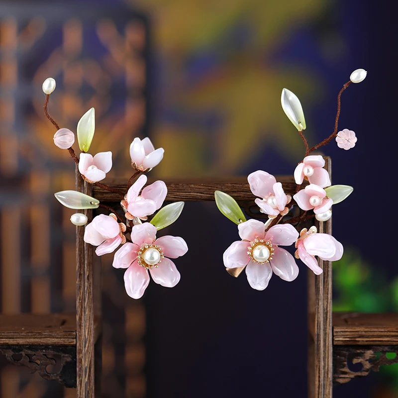 饰菲妮原创新款粉色琉璃桃花发饰古风汉服超仙头饰夹子古装配饰品