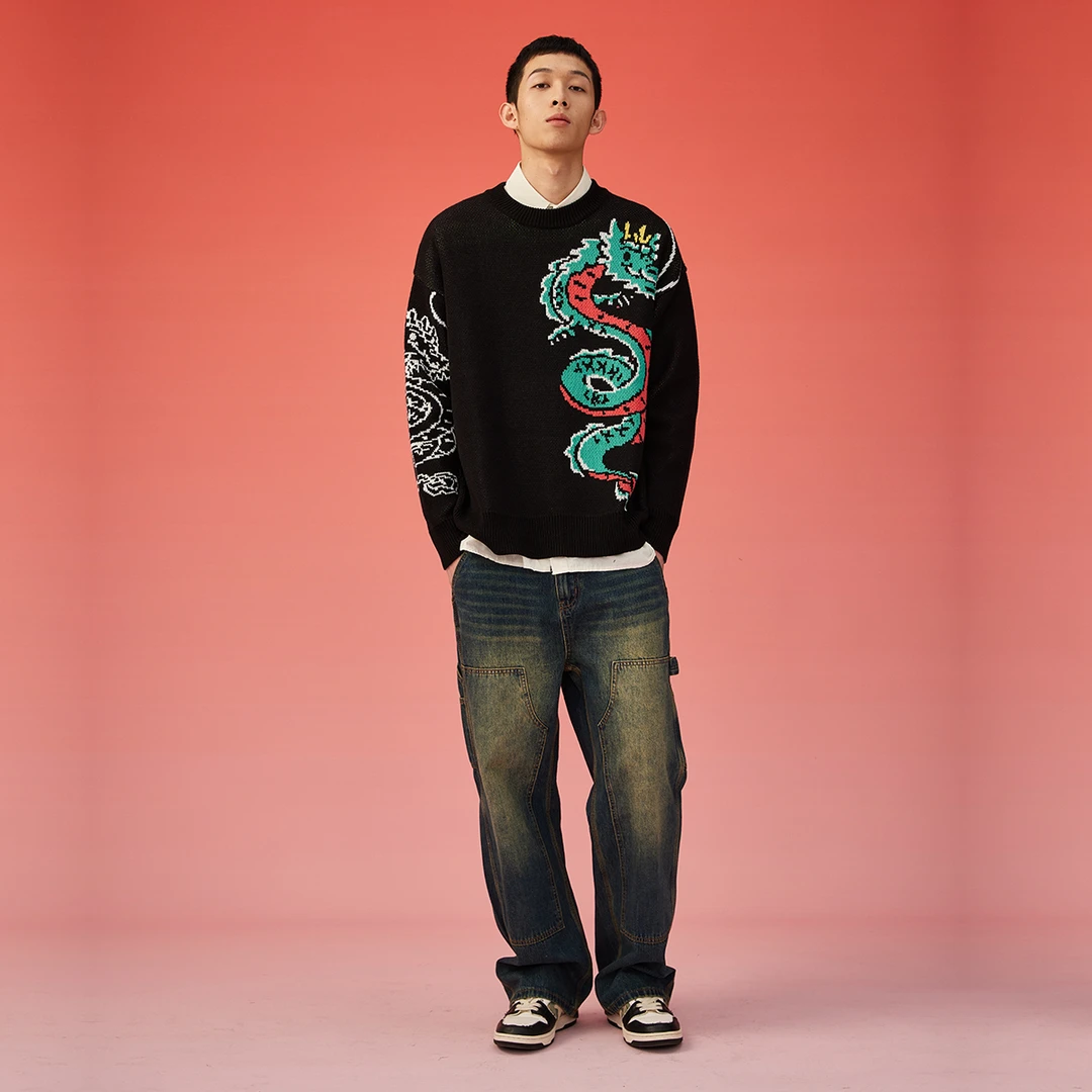 NPC潮牌CC系列新年限定胸前腾龙提花圆领毛衣保暖潮流CC3BSW08