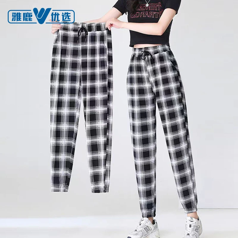 雅鹿优选夏季薄款格子裤时尚防蚊大码运动束脚裤女新款高腰九分裤