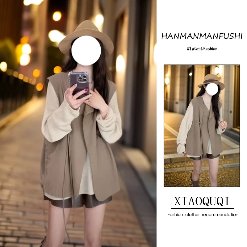 2024年秋季港风复古时尚潮流百搭精品女装宽松毛衣马甲短裤三件套