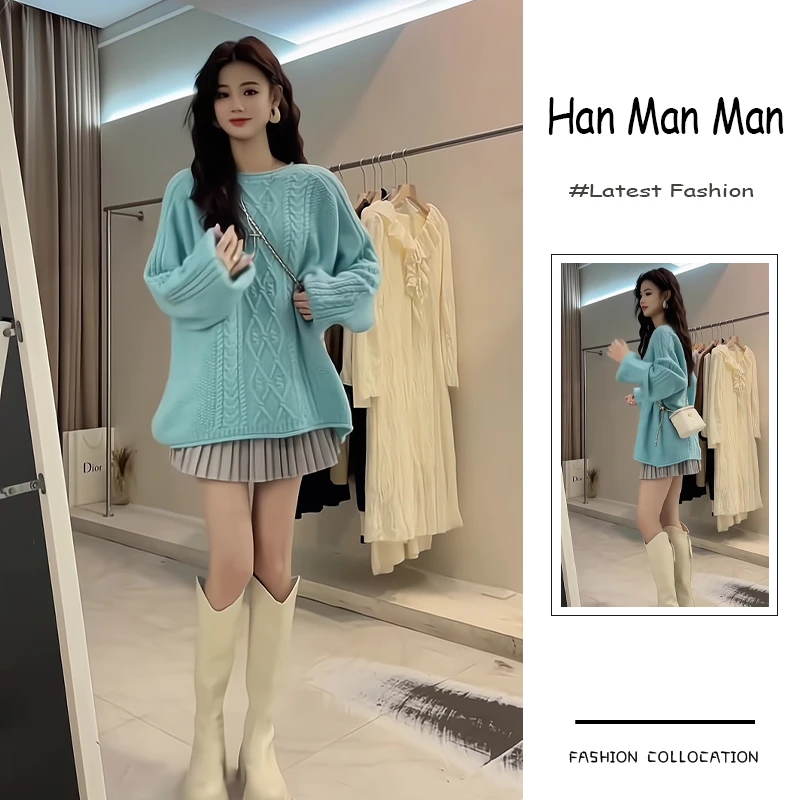 冬季流行穿搭一整套新款2024韩系慵懒风宽松针织毛衣百褶裙两件套