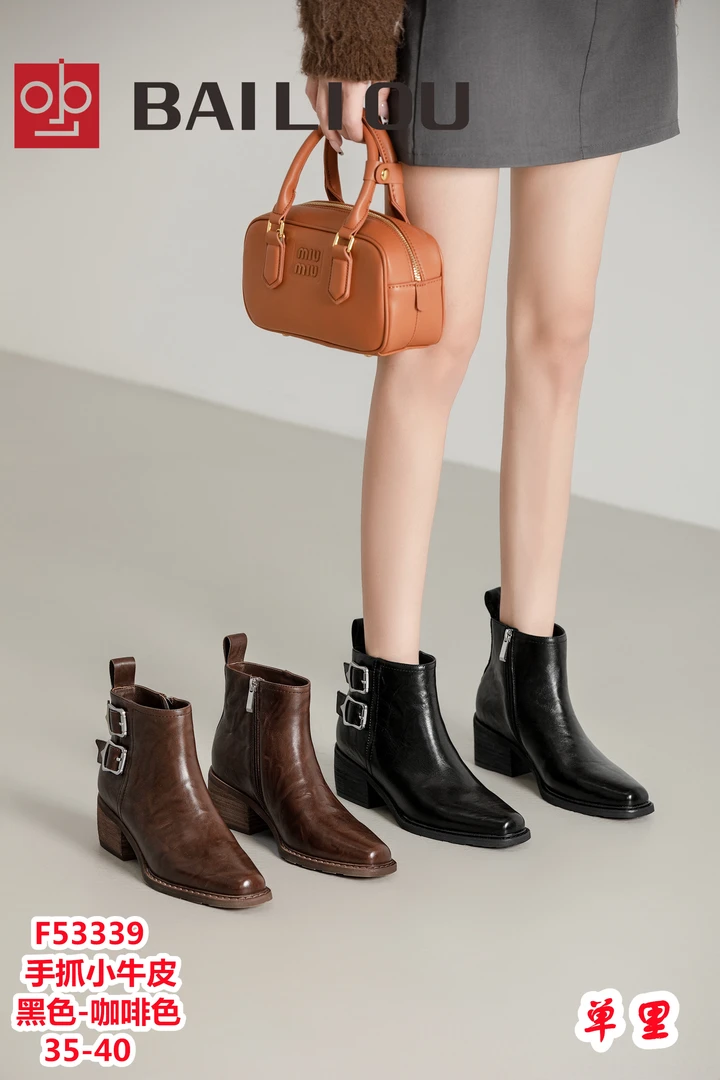 53339新款时尚休闲百搭手抓纹小牛皮复古女士单里骑士靴小短靴