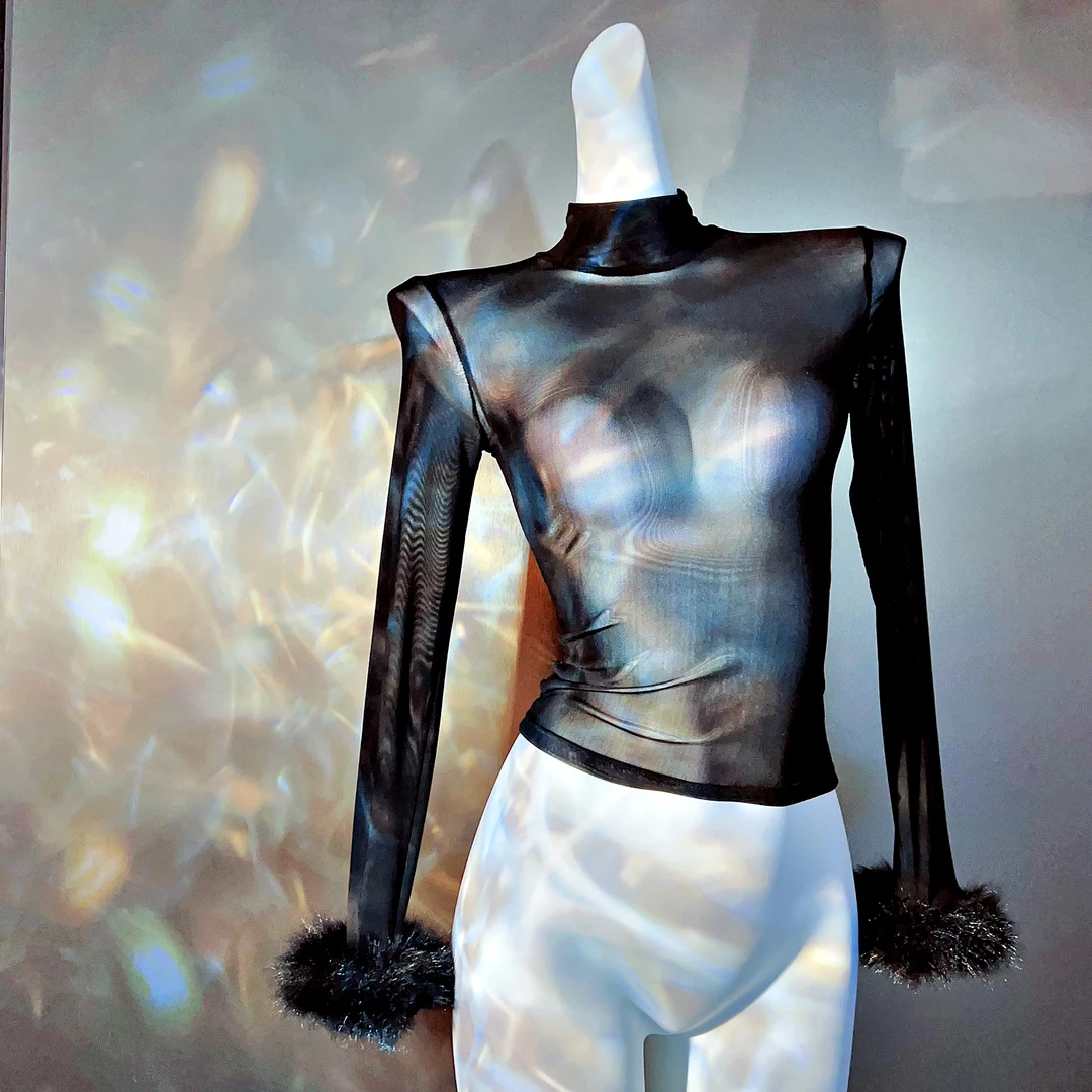 百搭半高领打底衫透视网纱紧身上衣毛毛袖T