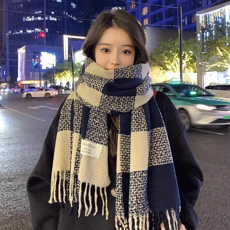 围巾女款秋冬季网红韩版百搭高级感千鸟格子加厚披肩学生保暖围脖