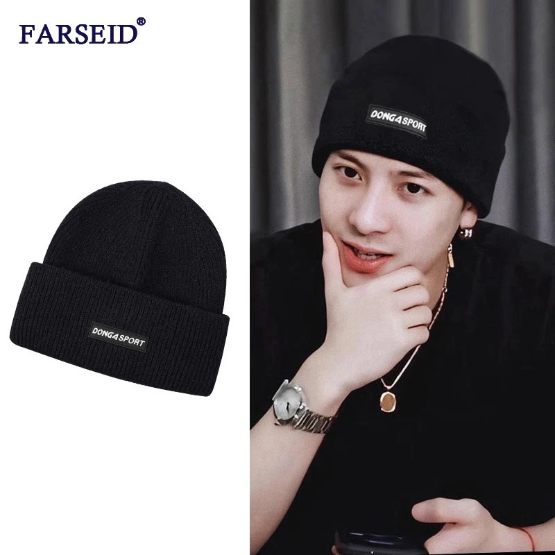 帽子男士王嘉尔同款时尚黑色毛线帽秋冬新款百搭针织帽保暖冷帽女