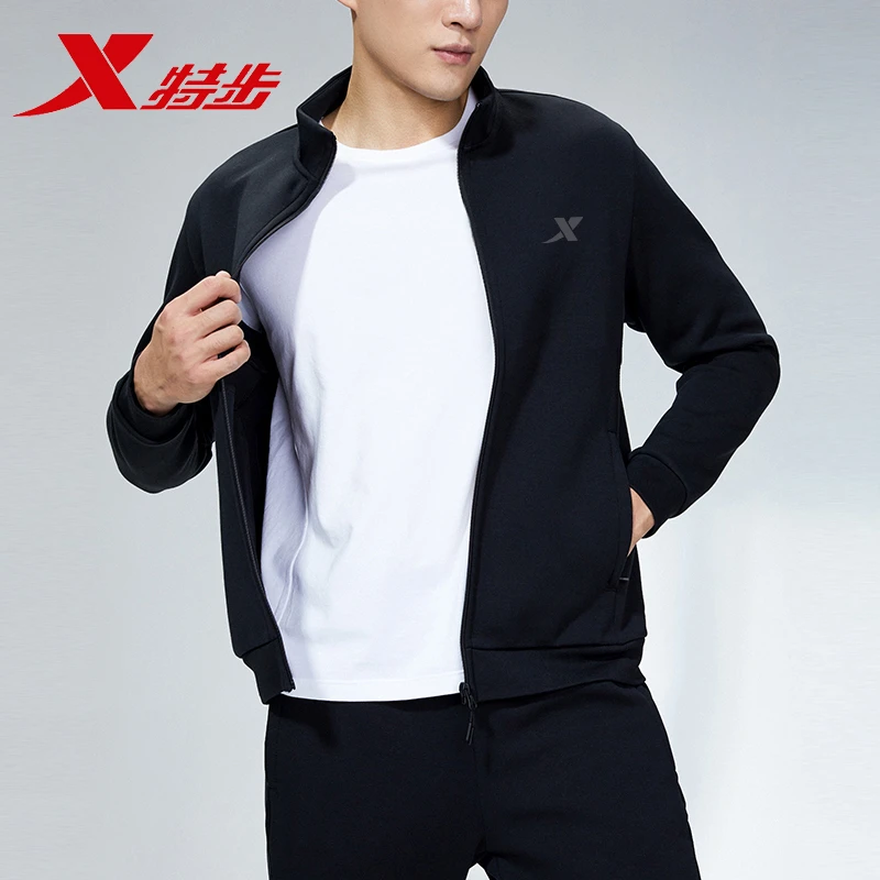 特步运动服外套男官方正品黑色立领针织开衫长袖宽松百搭夹克衫男