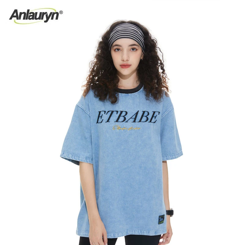 ANLAURYN安全降落 潮牌牛仔圆领刺绣短袖休闲复古百搭男女情侣夏