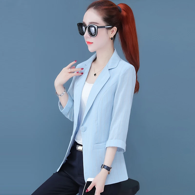 网红条纹西装七分袖小西服女上衣2025秋季新款短款休闲薄外套显瘦