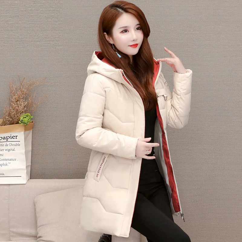 2025冬装新款撞色棉衣女中长款加厚修身棉服连帽棉袄休闲外套上衣