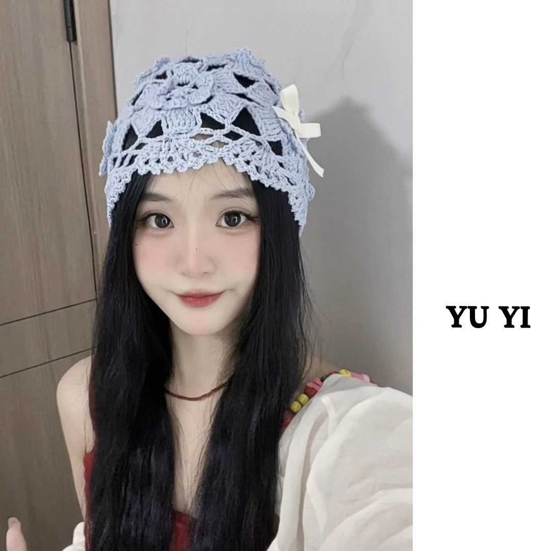 手工编织!甜美针织蝴蝶结包头帽氛围感百搭复古文艺镂空春秋女