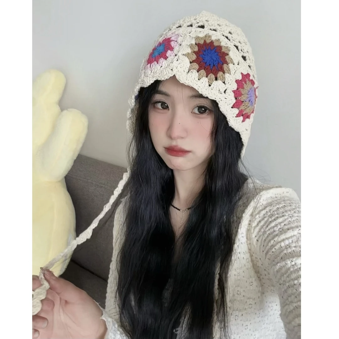 民族风～纯手工编织钩花氛围感绑带甜美镂空针织帽出游春夏包头巾