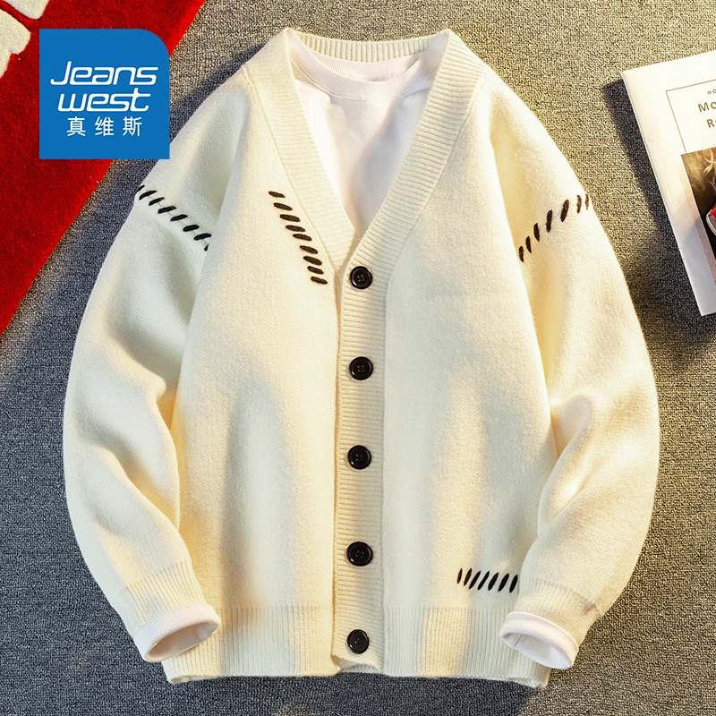 Jeanswest/真维斯秋冬新款开衫潮流保暖加厚宽松纽扣毛衣男外套