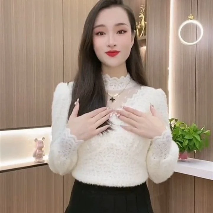 2023秋冬新款蕾丝打底衫女洋气质内搭小衫百搭加绒加厚保暖上衣女