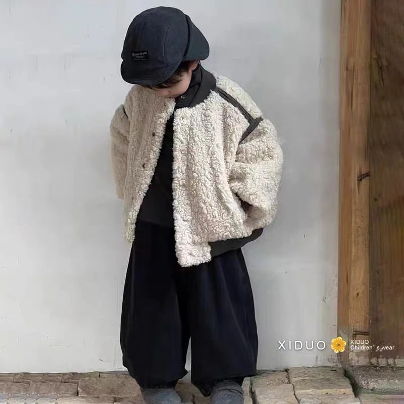 男童外套2026秋冬时尚保暖夹棉加厚夹克新款洋气中小童羊羔上衣