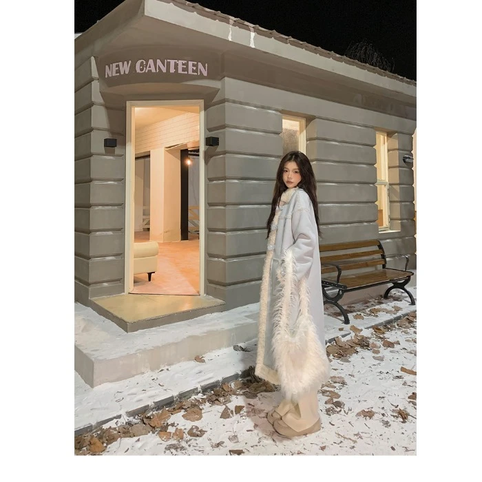 七颗虾滑【英区贵千金】小香风气质韩系拼接蓝色大衣外套套装秋冬