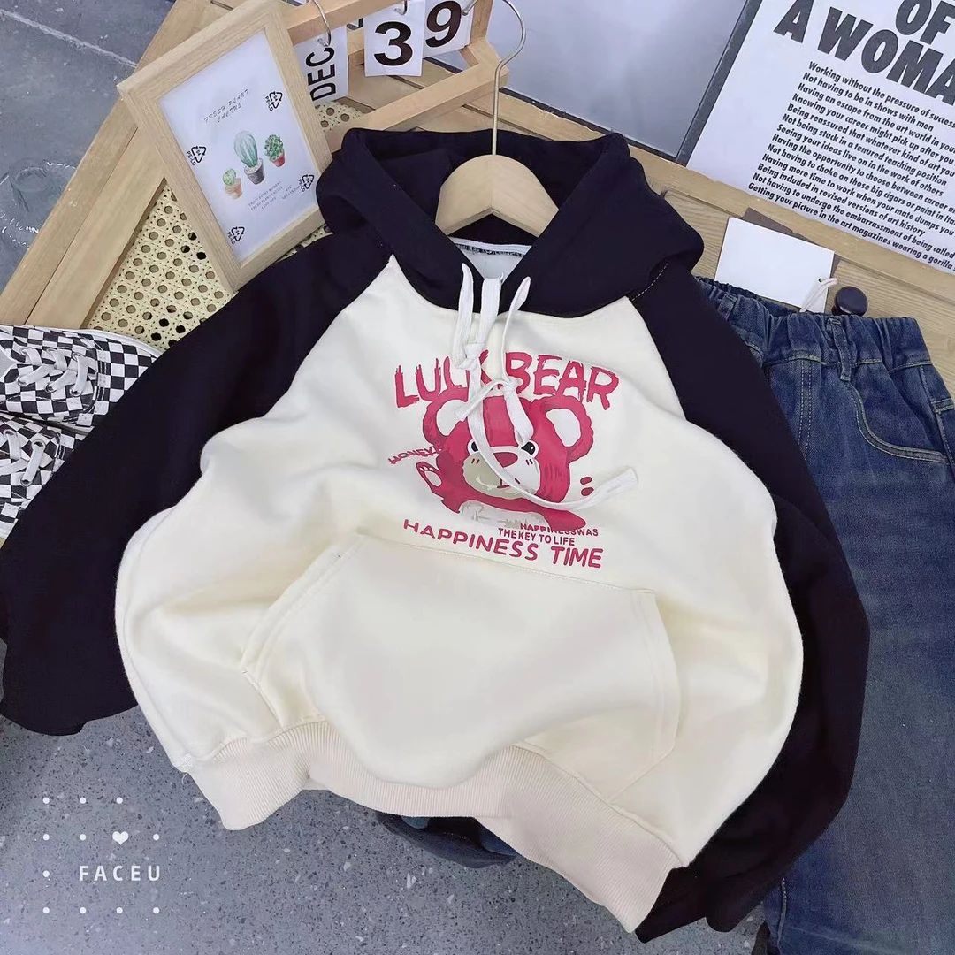 408141《黑》小涵家玲姐韩版儿童日常舒适冬款百搭洋气连帽加绒卫衣