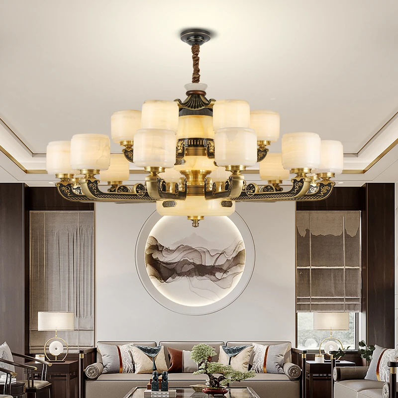 新品美式吊灯客厅灯全铜欧式复古玉石豪华别墅灯高端大气灯具