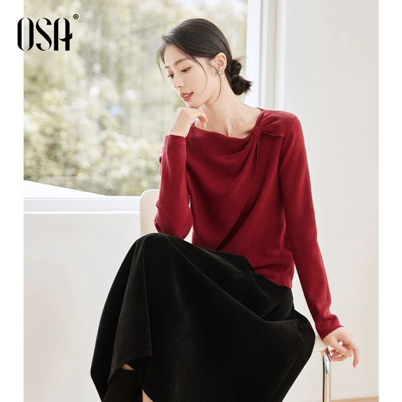 OSA欧莎蝴蝶结红色针织衫新款女高级感小众不撞款上衣S124D16064