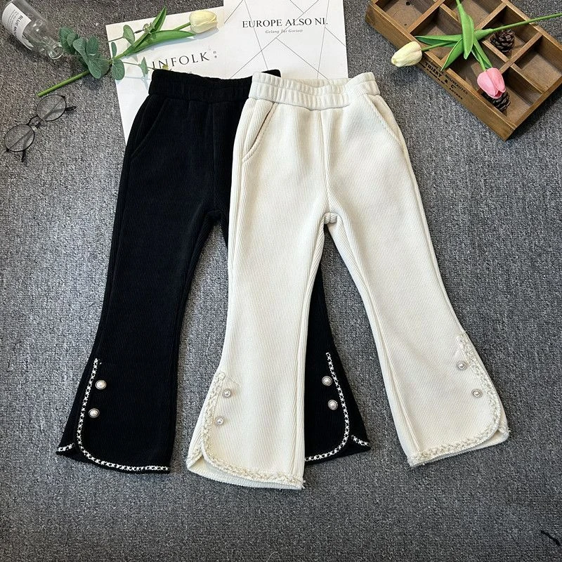 女童洋气裤子女中大童冬季休闲裤女孩灯芯绒保暖长裤一体绒喇叭裤