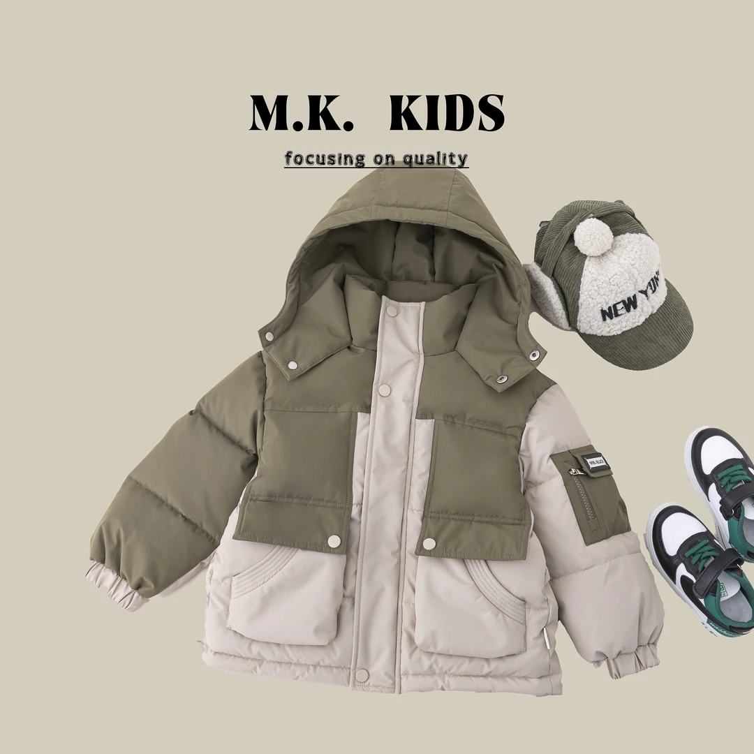 MK品牌【青橄榄】现货儿童冬绿色加厚保暖棉服潮版拼接外套DA70183