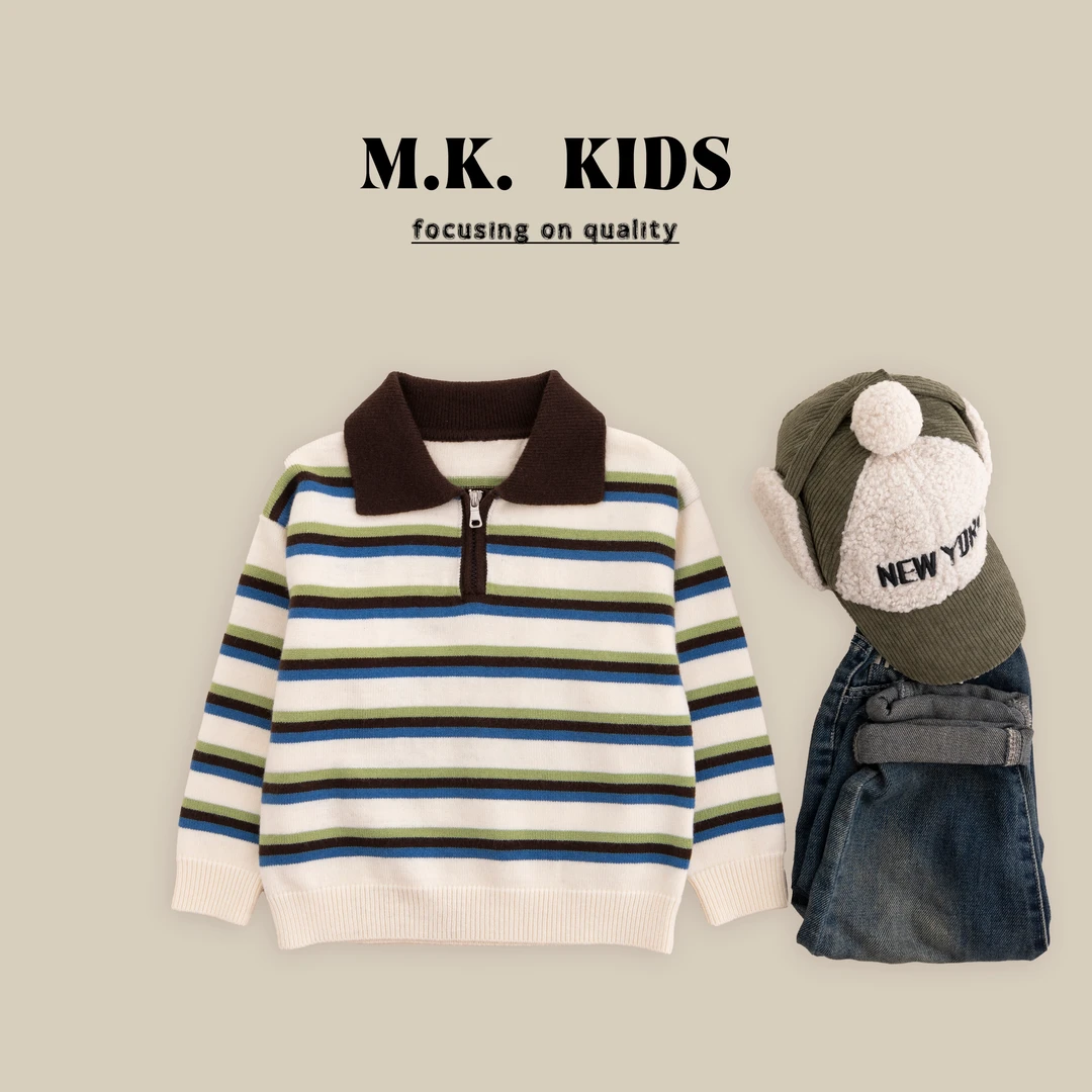 现货儿童POIO翻领毛衣2024秋装新款男童秋冬条纹QH9011华子童装