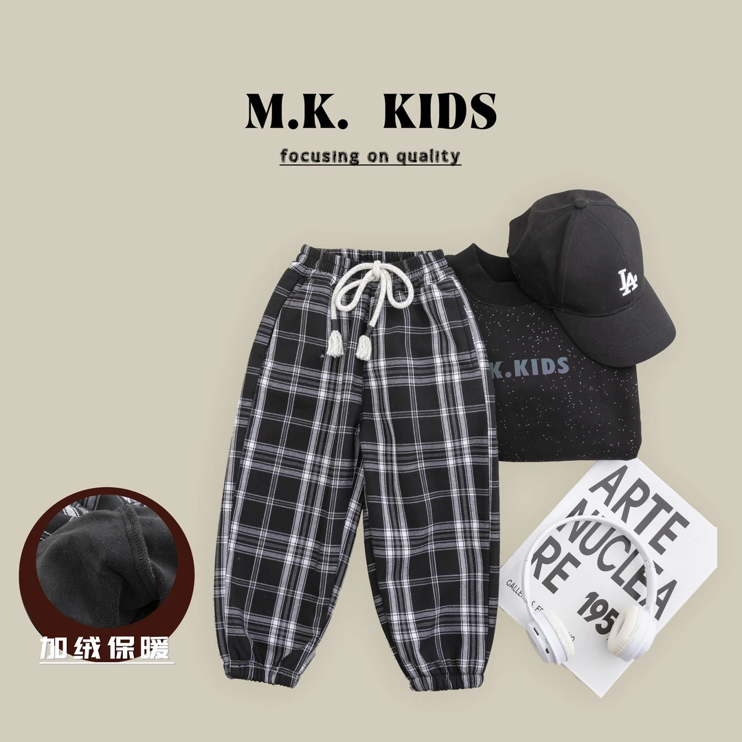 现货男童冬款加绒裤儿童厚款格子休闲裤2024新款DF7247华子童装