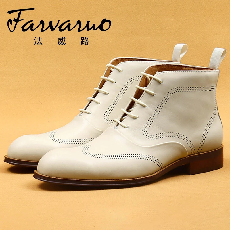 秋冬马丁靴男高帮英伦风商务正装皮靴真皮软底雕花布洛克白色男靴