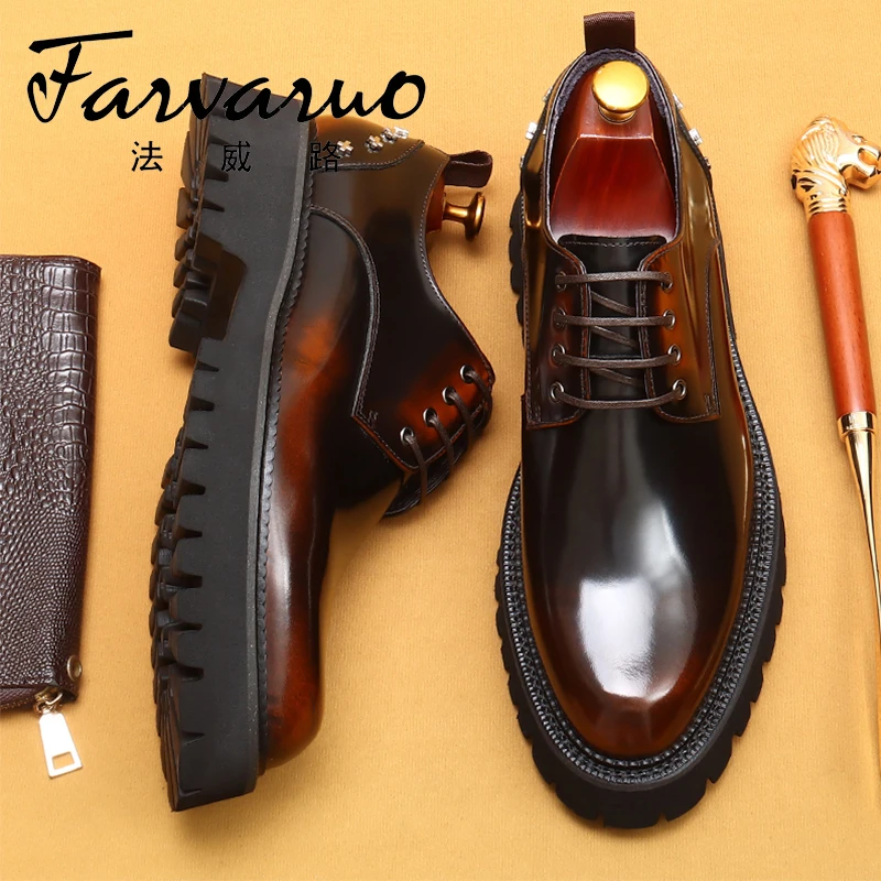 厚底增高皮鞋男真皮铆钉圆头英伦风商务休闲黑皮鞋亮面正装德比鞋