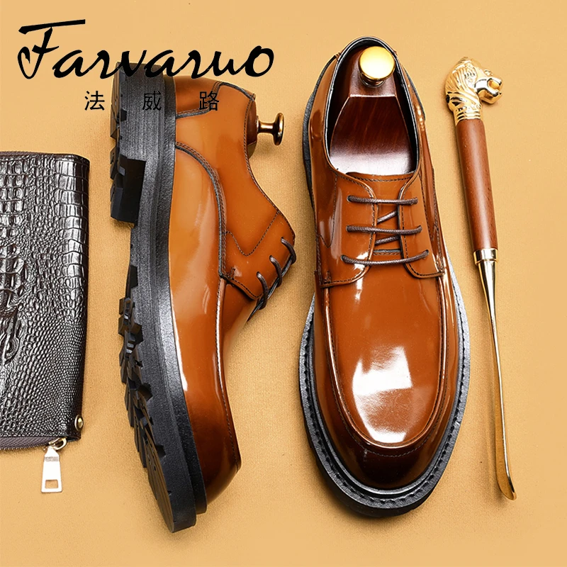 男士圆头皮鞋真皮英伦风亮面漆皮厚底男鞋通勤商务正装德比鞋系带