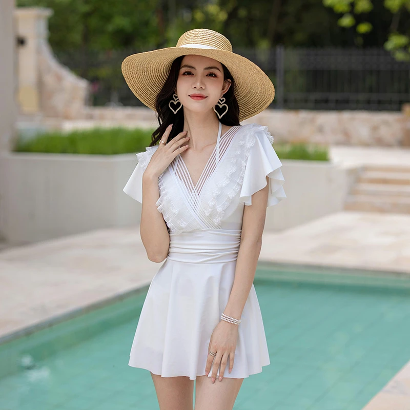【汐歌儿】保守连体裙式显瘦遮肚时尚气质简约风高端度假温泉泳衣女
