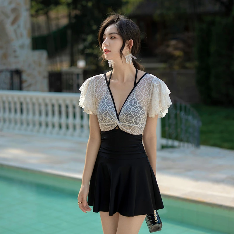 【汐歌儿】泳衣连体女士蕾丝高腰遮肚洋气小胸聚拢保守又好看高端款