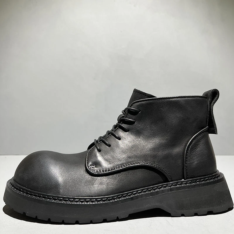 美式复古头层磨砂牛皮手工复古翘头系带马丁靴男日系轻便厚底短靴