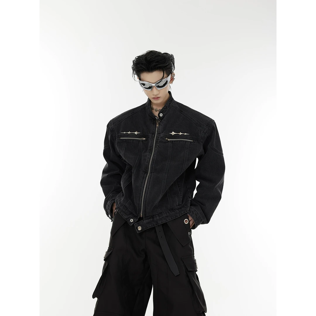 美式复古做旧水洗垫肩短款牛仔外套男士金属设计感无领廓形夹克男