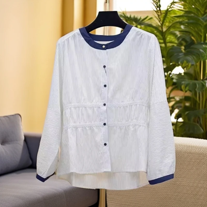时尚通勤条纹长袖衬衫女早秋新款设计感宽松显瘦气质遮肉百搭衬衣